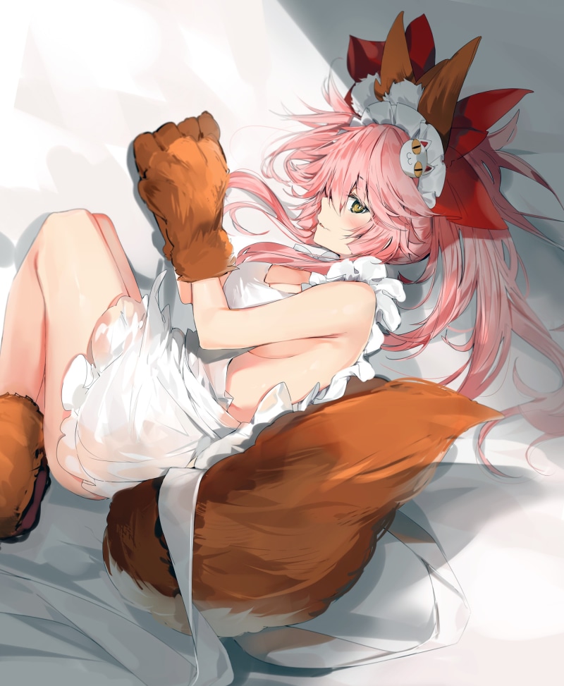 Fate/Grand Order, pink hair, fox girl, artwork, illustration, apron, anime, fantasy girl, profile, digital art, side view, drawing, top view, Fate Series