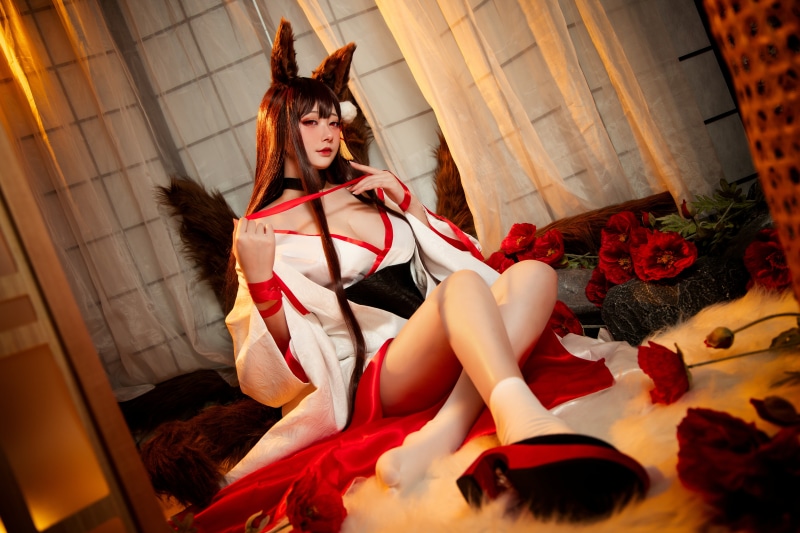 ribbon, red eyes, choker, tail, looking at viewer, flowers, cleavage, indoors, cosplay, women indoors, niannian_D, red lipstick, parted lips, brunette
