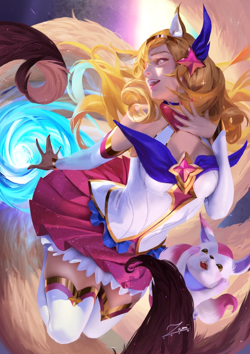 fan art, long hair, drawing, video game girls, smiling, foxy ears, 2017 (Year), artwork, pinup models, Star Guardian Ahri, vertical, video game characters