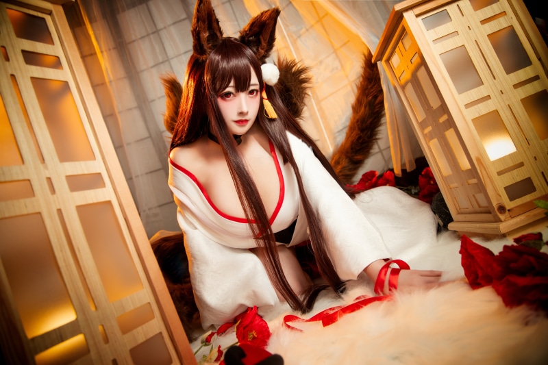Akagi (Azur Lane), niannian_D, Azur Lane, 5K, flowers, long hair, studio, bangs, brunette, women, cleavage, fox girl, kimono, kneeling, foxy ears, fantasy girl