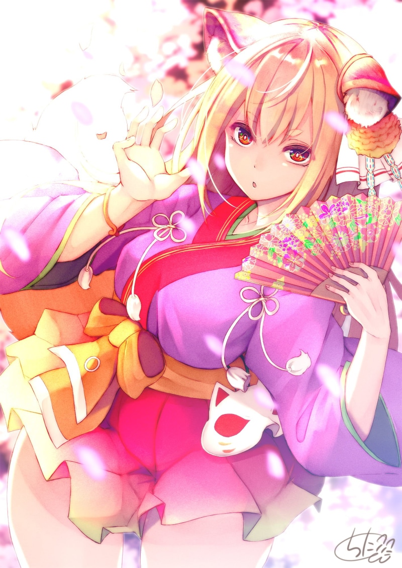 1080P, foxy ears, kimono, blonde, women, chita (ketchup), hair ornament, artwork, looking at viewer, digital art, fantasy girl, bokeh, petals, portrait display