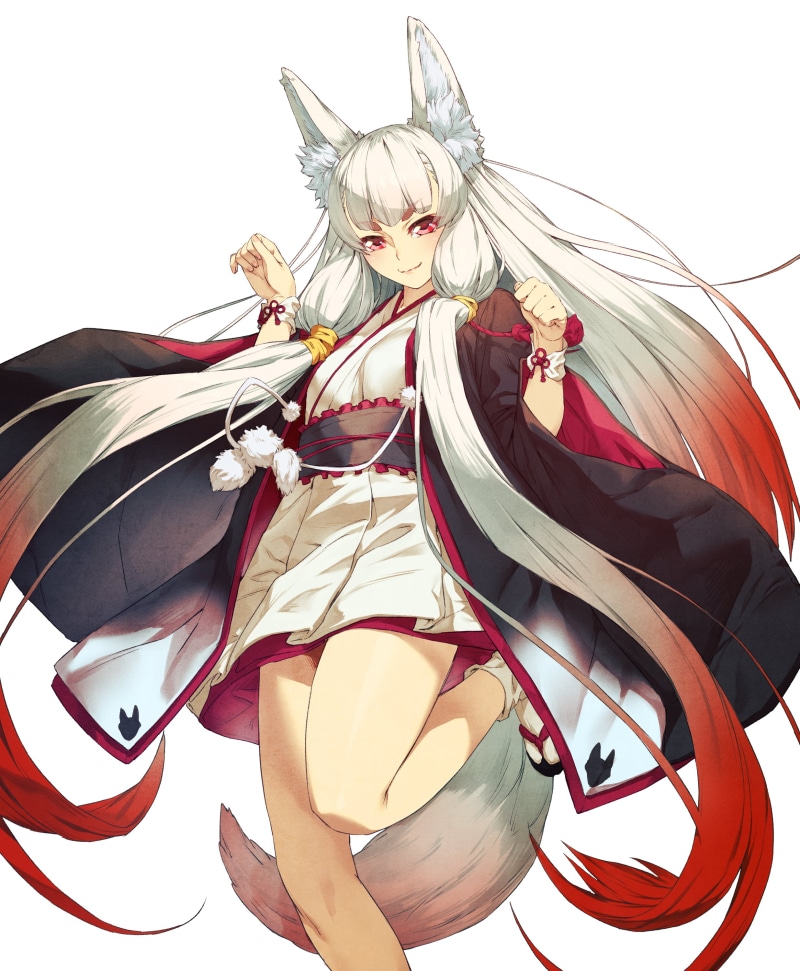 long hair, white background, original characters, kimono, Chyko, artwork, 2D, socks, anime, foxy ears, animal ears, illustration, 2K, fantasy girl, white hair