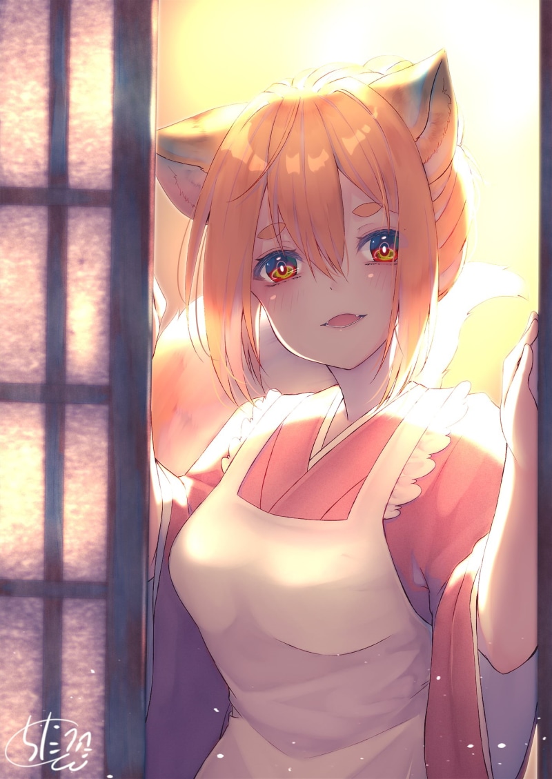 blushing, digital art, artwork, apron, original characters, kimono, 2D, chita (ketchup), smiling, blonde, Pixiv, animal ears, illustration, fantasy girl