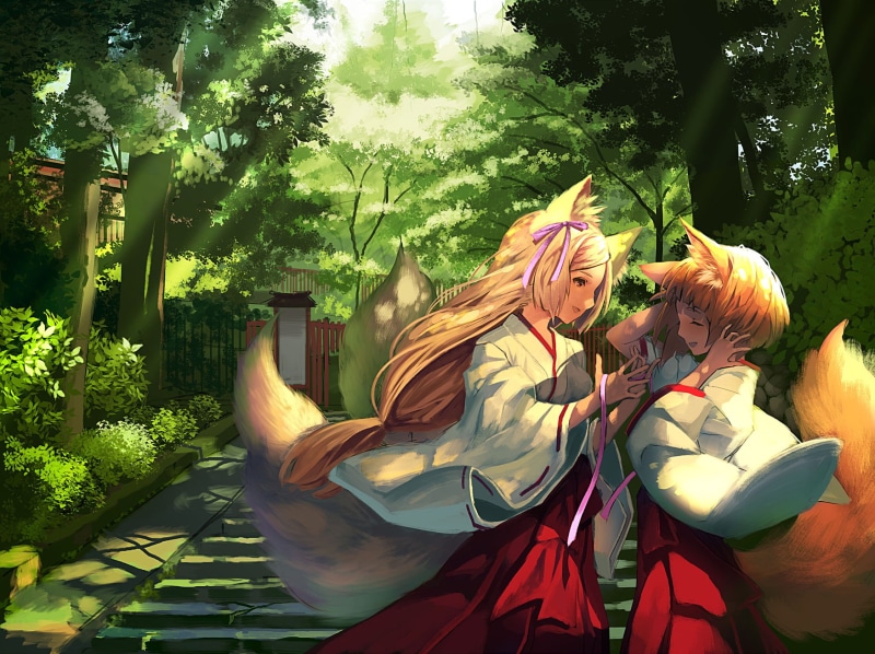 trees, blonde, sun rays, Mai Okuma, foxy ears, profile, women, sisters, happy, 720P, illustration, painting, digital painting, artwork, miko, tail, 2D