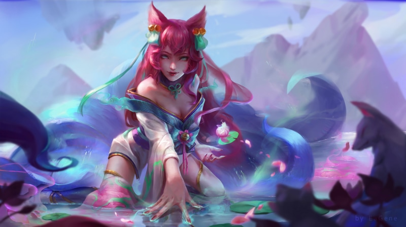 bangs, video games, kneeling, 4K, digital art, video game characters, League of Legends, Ahri (League of Legends), fangs, drawing, pink hair, nine tails