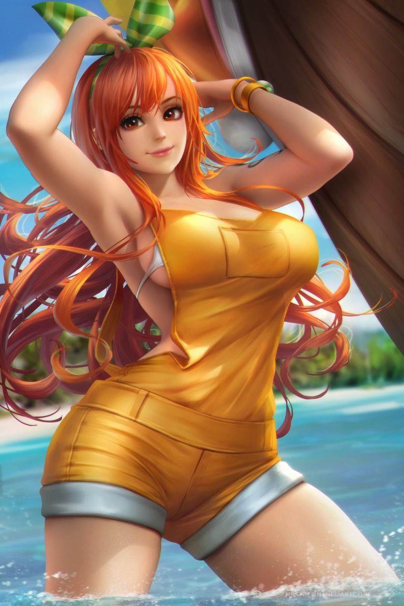 anime, Nami, redhead, women, fan art, digital art, NeoArtCorE (artist), portrait display, 2K, illustration, artwork, anime girls, One Piece