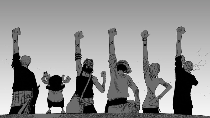 illustration, One Piece, dancing, character, monochrome, clear sky, men, rear view, togetherness, casual clothing, human arm, standing, group of people