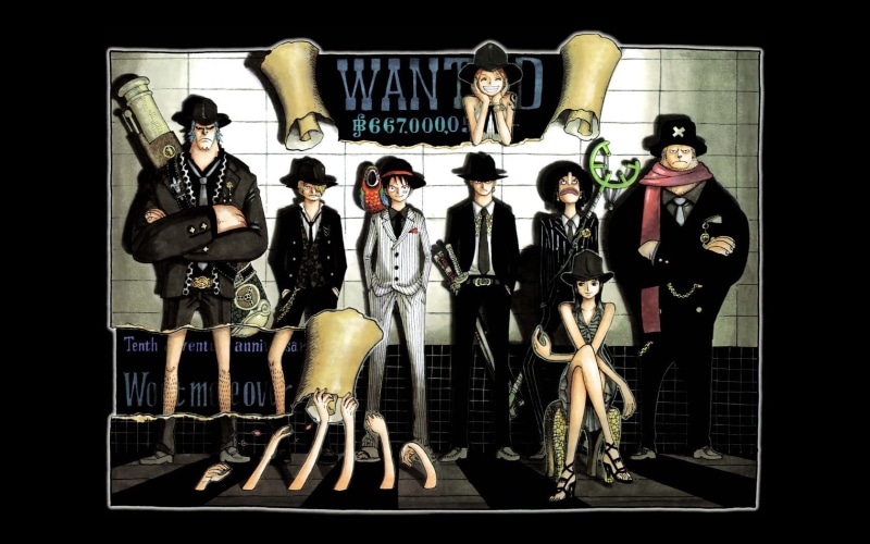One Piece, creativity, straw, Franky, poster, black background, crew, studio shot, representation, Roronoa Zoro, people, hat, still life, male likeness