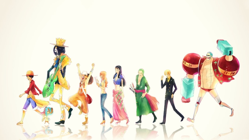 side by side, human representation, toy, still life, Nico Robin, Franky (One Piece), Nami (One Piece), Sanji (One Piece), Tony Tony Chopper
