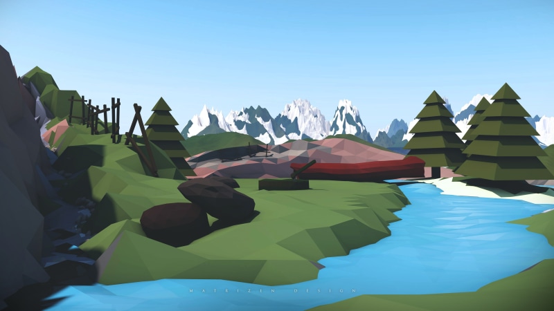 blue, green color, lake, low poly, building exterior, green, art, sunlight, mist, trunks, stones, forest, mountains, leafed, digital art, reflection, multi colored