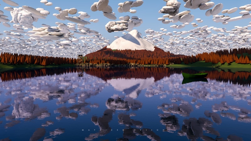 digital, artwork, boat, low poly, forest, mountain top, landscape, Cinema 4D, shapes, render, point of view, tower, 1080P, wood, Matrizen Design, clouds