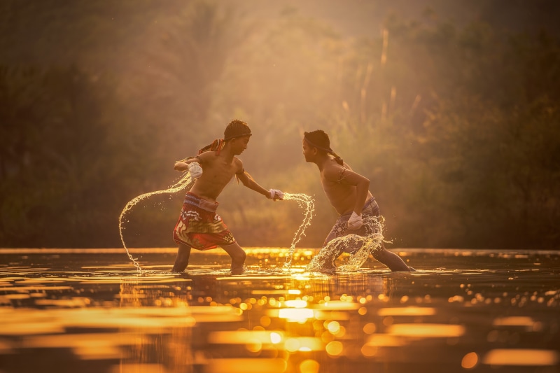 men, leisure activity, lake, night, side view, lifestyles, water, boxer, splash, the sun, boxing, thai boxing, togetherness, cloud, full length, sports
