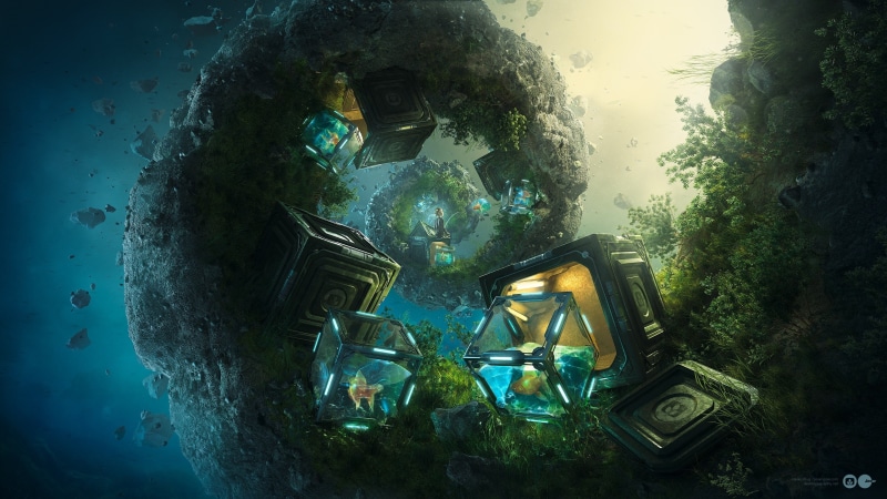 underwater, nature, surreal, Desktopography, landscape, fish, children, artwork, abstract, 2K, spiral, fantasy art, rock, sea, digital art, cube, goldfish