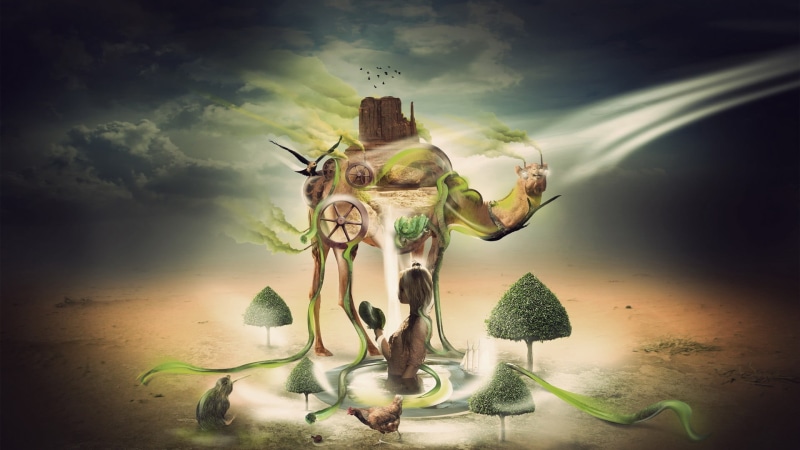 green, table, water, brown, outdoors, 1080P, desert, snake, sky, art and craft, artwork, religion, camels, trees, nature, wheels, illustration, representation