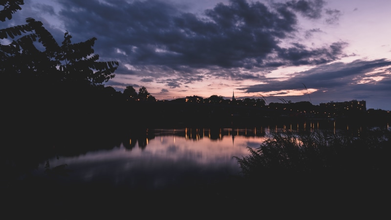 beside, newjersey, non-urban scene, water, buildings, silhouette, cloudy, tranquil scene, trees, sunset, tree, tranquility, cloud, night, idyllic, scenics - nature