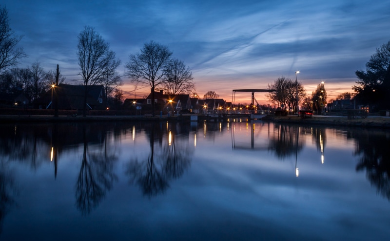 reflection lake, trees, architecture, urban, houses, lake, near, bridge, no people, illuminated, dawn, clouds, citylights, night, dusk, dark, reflection