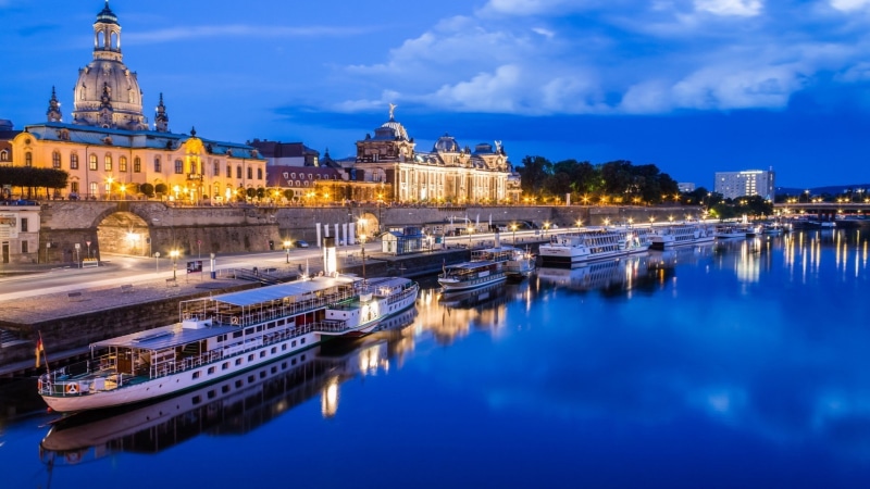 tunnel, Dresden, Trees, building, Evening, ship, city, Lights, reflection, clouds, Cruise Ship, Old Building, bridge, river, house, boats, Canaletto, Cathedral