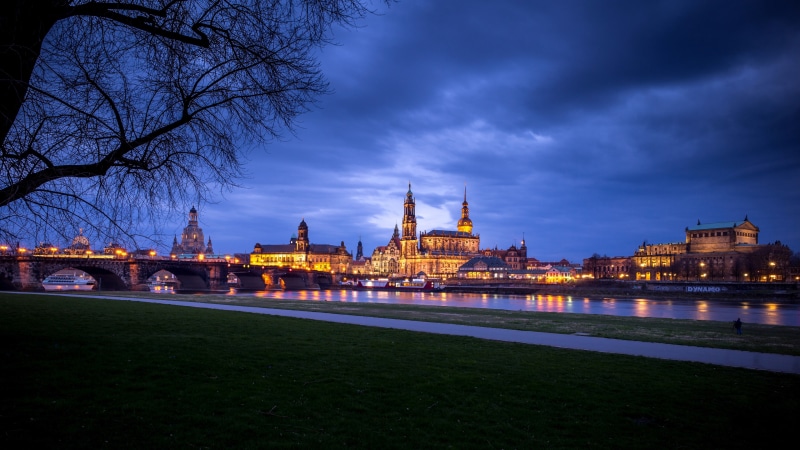 Long Exposure, Lights, Germany, city, bridge, ship, house, church, Trees, Cathedral, river, path, reflection, Evening, tower, clouds, Dresden, grass, building