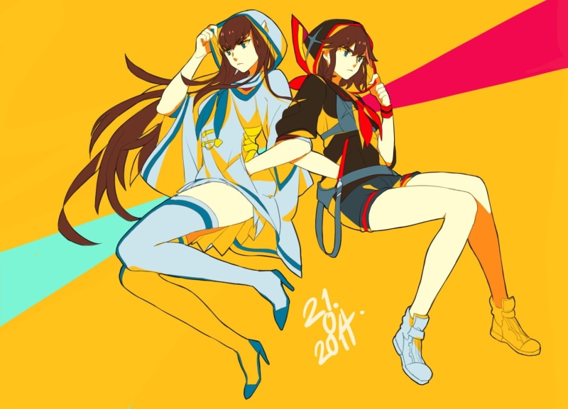 art and craft, beautiful woman, yellow, glasses, sitting, clothing, 720P, women, casual clothing, fashion, Kiryuin Satsuki, men, Matoi Ryuuko, studio shot