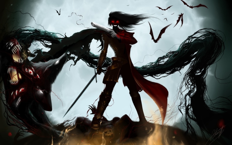 motion, Hellsing, hair, digital, real people, character, bats, indoors, sword, close-up, female, art and craft, anime, digital composite, hairstyle