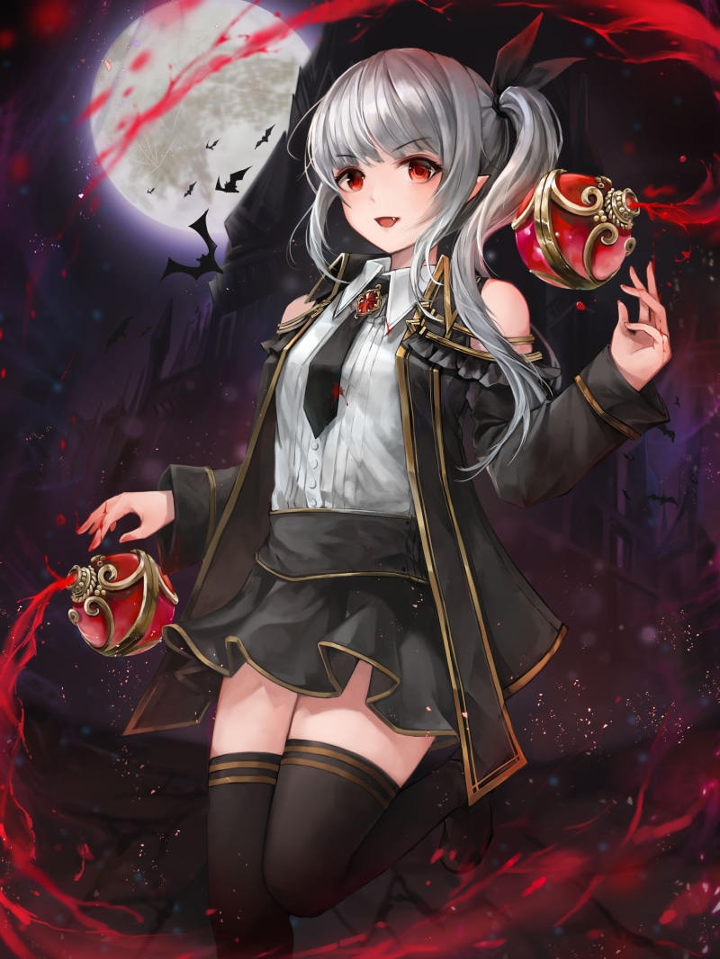 front view, night, clothing, gray hair, performance, red eyes, anime vampire girl, musical instrument, standing, Anime, event, fang, holding, child, moon