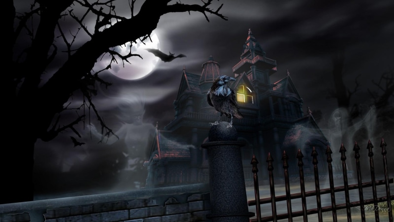 night, house, darkness, animals, bats, firefox persona, full moon, haunted, halloween, 1080P, fence, tree, hallooween, raven, clip, dark, movie