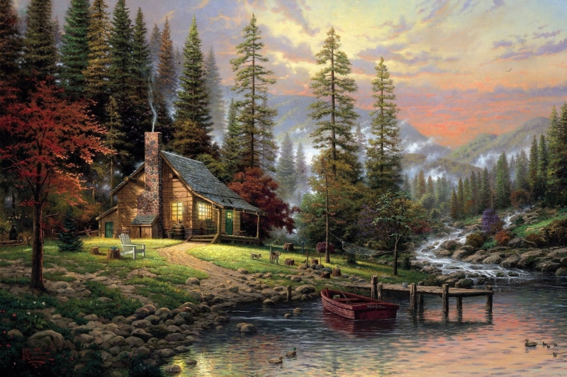 2K, art, rivers, nature, artwork, paintings, forest, x, hd, architecture, thomas, trees, Landscapes, houses, wal, cabin, kinkade