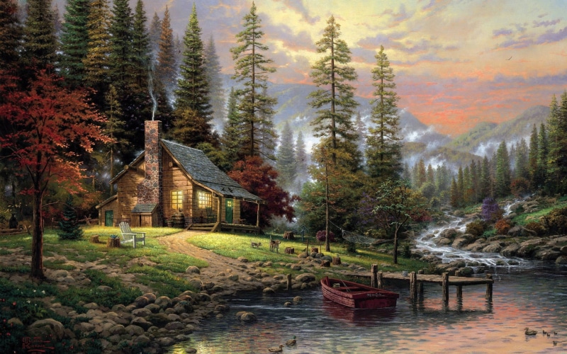 2K, cabin, trees, hd, houses, artwork, art, rivers, wal, forest, thomas, paintings, architecture, nature, Landscapes, kinkade, x