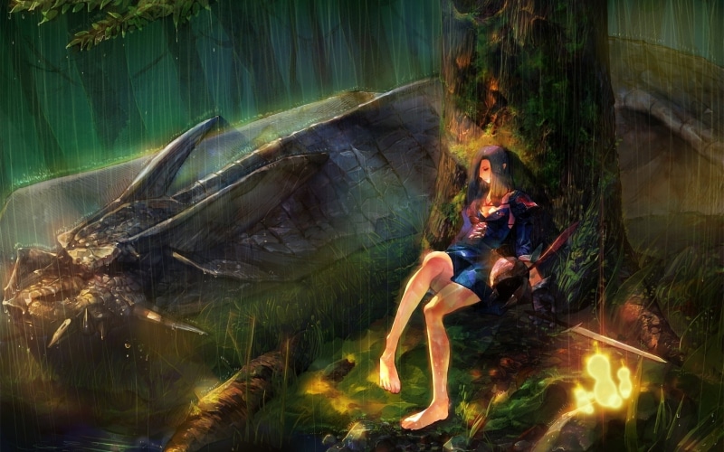 dragons, forest, art, x, fantasy, rain, anime, forests, girls, nature, artwork, 1080P, hd