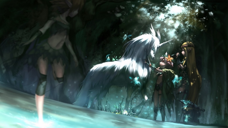 blondes, eyes, ears, unicorns, anime, art, 1080P, long, girls, red, artwork, forests, hair, fantasia, pixiv, nature, forest, hd, fantasy