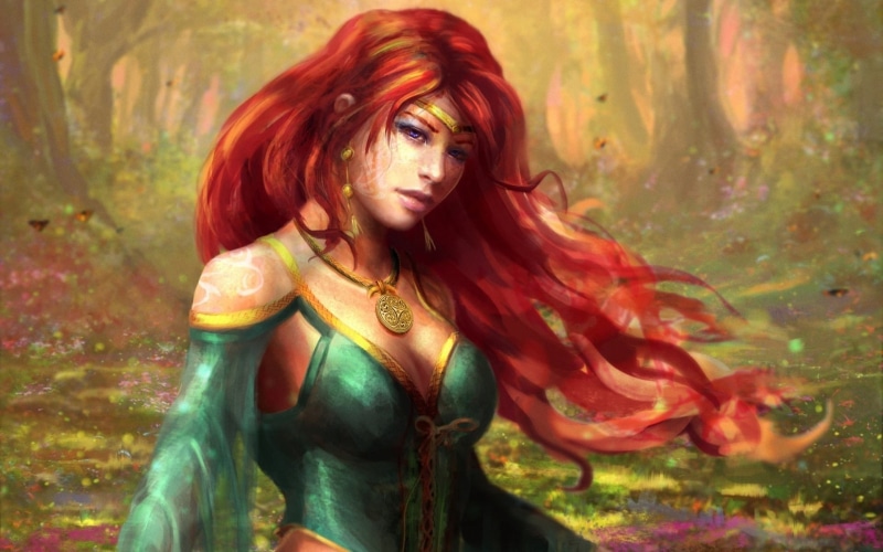 Red, Hair, Fantasy, 1080P, ranger, wind, Girl, painting, Forest