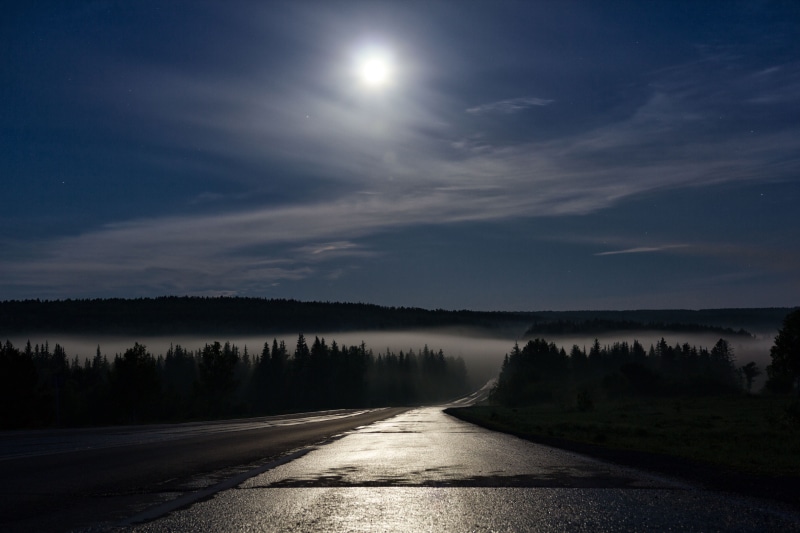water, fog, beauty in nature, sky, lake, tranquility, direction, road, forrest, night road, moon light, nature, night, moon, tree, tranquil scene, no people