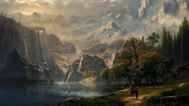mountain, rider, 1080P, beautiful, forrest, fantasy, wood, lake, horse, castle, mountains