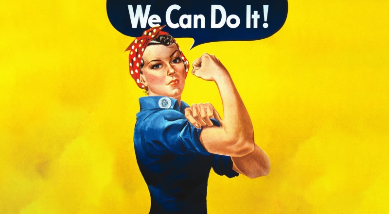 sign, wartime, hairstyle, human arm, can, waist up, young adult, Vintage, portrait, yellow, overlay, adult, one person, indoors, rosietheriveter, worldwarii