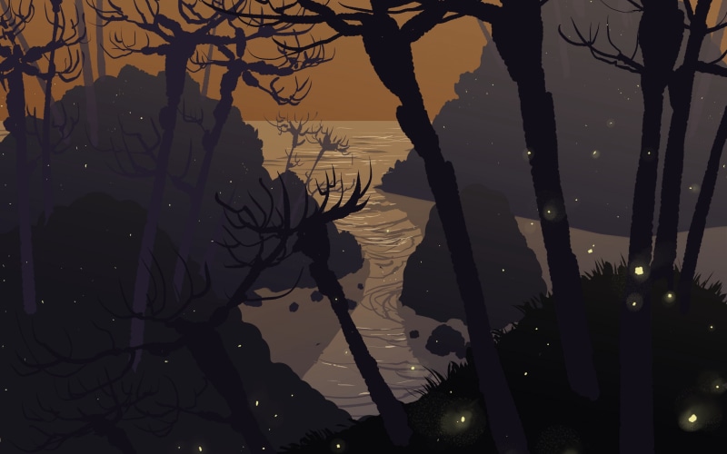 forest, 4K, fireflies, artwork, trees