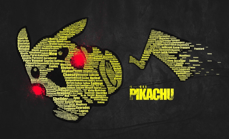 close-up, Pokemon First Generation, capital letter, textile, symbol, pattern, red, creativity, Pikachu, no people, western script, representation, high angle view