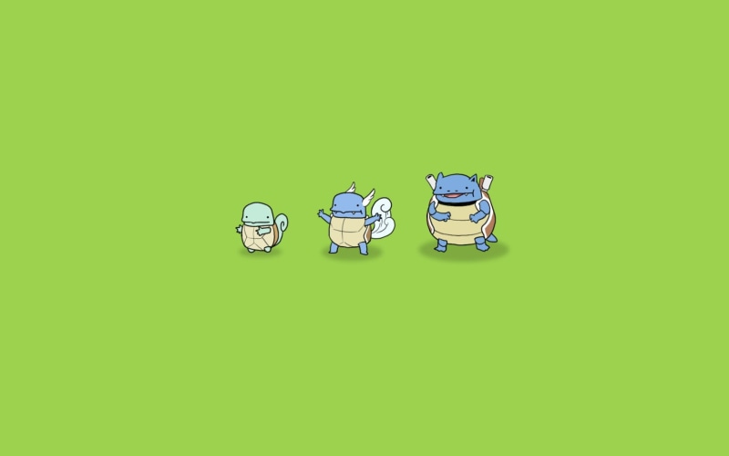 choice, three, green background, colored background, Pokémon, pokemon, Squirtle, metal, copy space, studio shot, Blastoise, video games, time, indoors