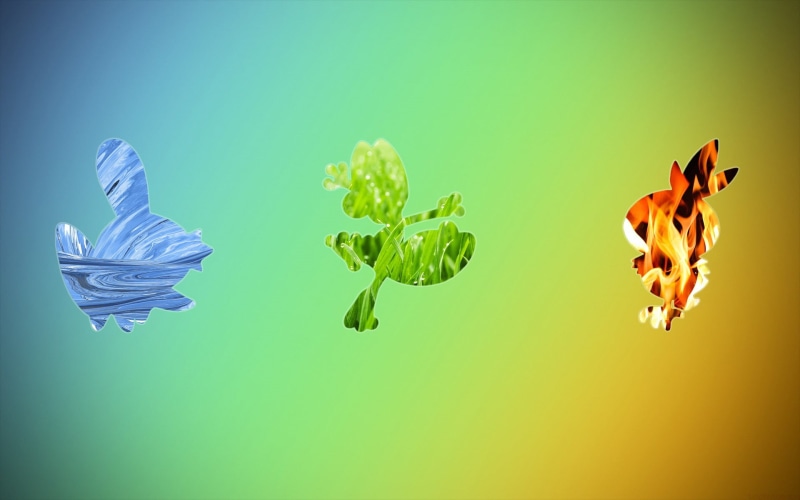 vibrant color, fire, green, beauty in nature, mid-air, leaf, Torchic , posters, colored background, blue, Pokémon, brown, orange color, creativity, water
