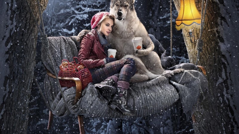 woman, girl, forest, character, red riding hood, winter, dog, riding, hood, wolf, 1080P, composition, hoodie, red