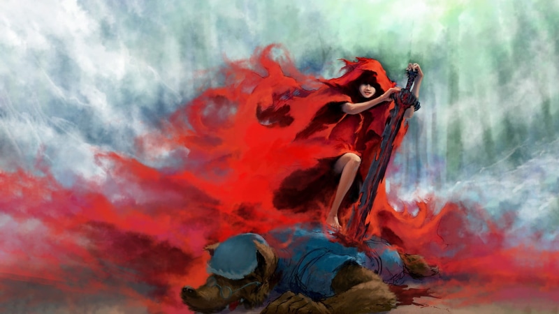 beautiful woman, human arm, fashion, adult, arms raised, Little Red Riding Hood, beauty, fantasy art, holding, nature, wolf, sword, blades, water, fire