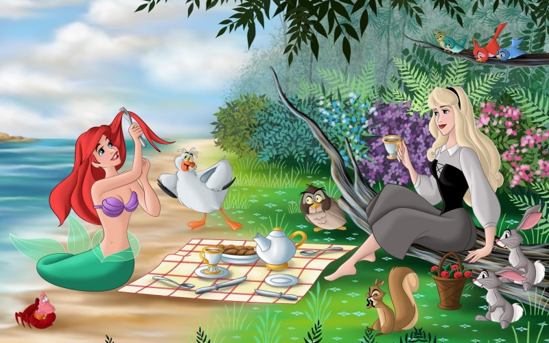 Ariel, rabbits, Aurora, birds, mermaid, Sleeping beauty, trees, picnic, movie, 2K, The little mermaid, owl, protein, cartoon, seashore, shore, sea, tale