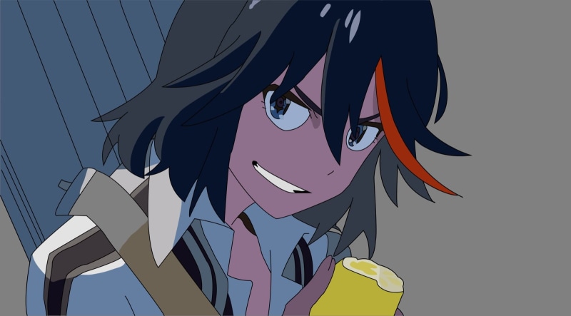 720P, blue background, pattern, sunlight, character, black, sky, Matoi Ryuuko, day, boy, leisure activity, lifestyles, creativity, low angle view, no people