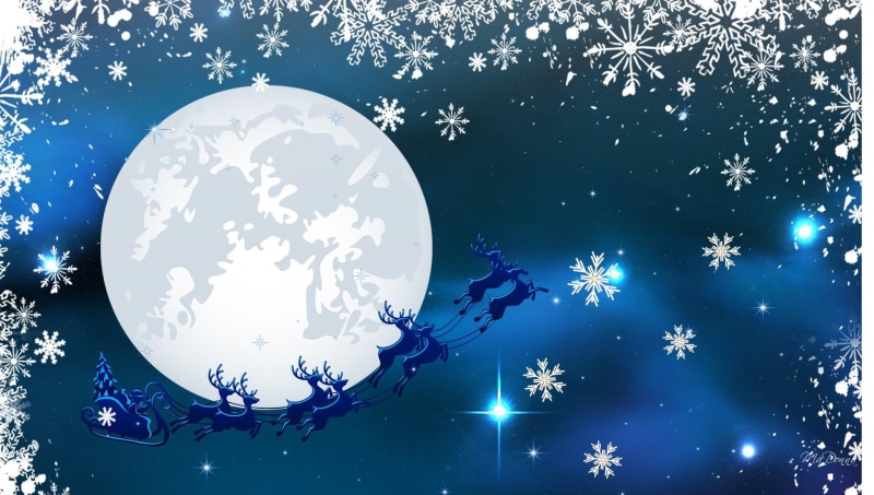 blue, snowflakes, santa claus, snow, feliz navidad, reindeer, sleigh ride, stars, sky, christmas, santa, full moon, 1080P