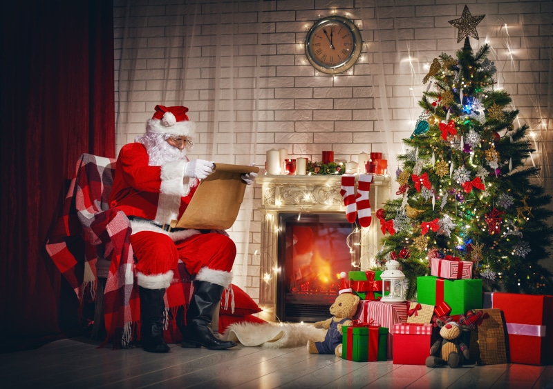 sitting, tree, celebration event, santa Claus, red, box - Container, living Room, child, fireplace, gifts, decoration, humor, gift box, year, plant, joy
