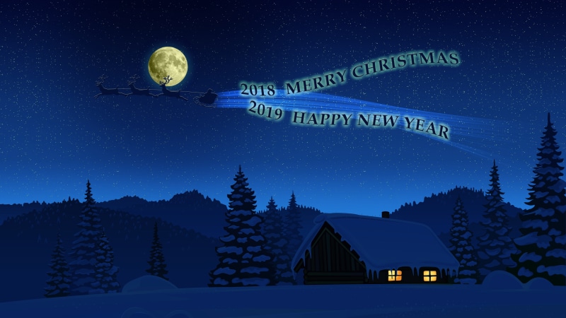 2019 (Year), stars, New Year, 4K, artwork, Christmas, night, Santa Claus, Moon, sky, 2018 (Year), Happy New Year, winter
