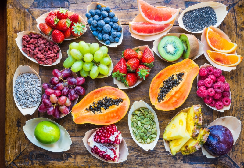 passion fruit, blackberry - fruit, tree, orange, kiwi, grapefruit, fruit, papaya, high angle view, food and drink, no people, raspberry, berries, multi colored