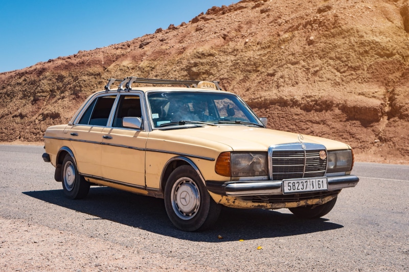 cab, old, ancient, road, mountain, beige, land, 4K, mercedes benz, vehicle, sedan, automobile, vinatge, near, travel, car, sunlight, land vehicle, shadow