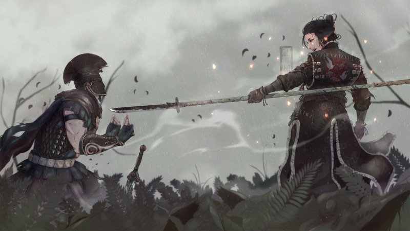 artist, centurion, armor, warrior, Roman Avseenko, artwork, weapons, Roman centurion, samurai, 2K, fantasy, rain, fanyasy art, spear, sword, digital art