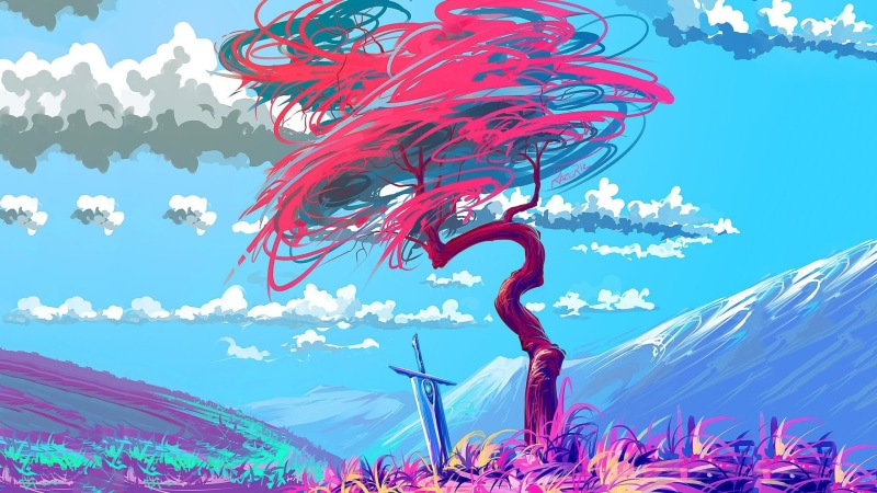 Roman Avseenko, sword, 1080P, colorful, fantasy art, trees, clouds, creativity