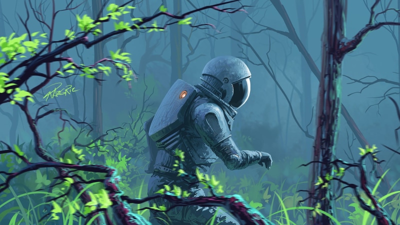 Figure, 1080P, Fiction, Astronaut, by Roman Avseenko, Art, Forest, The suit, Roman Avseenko
